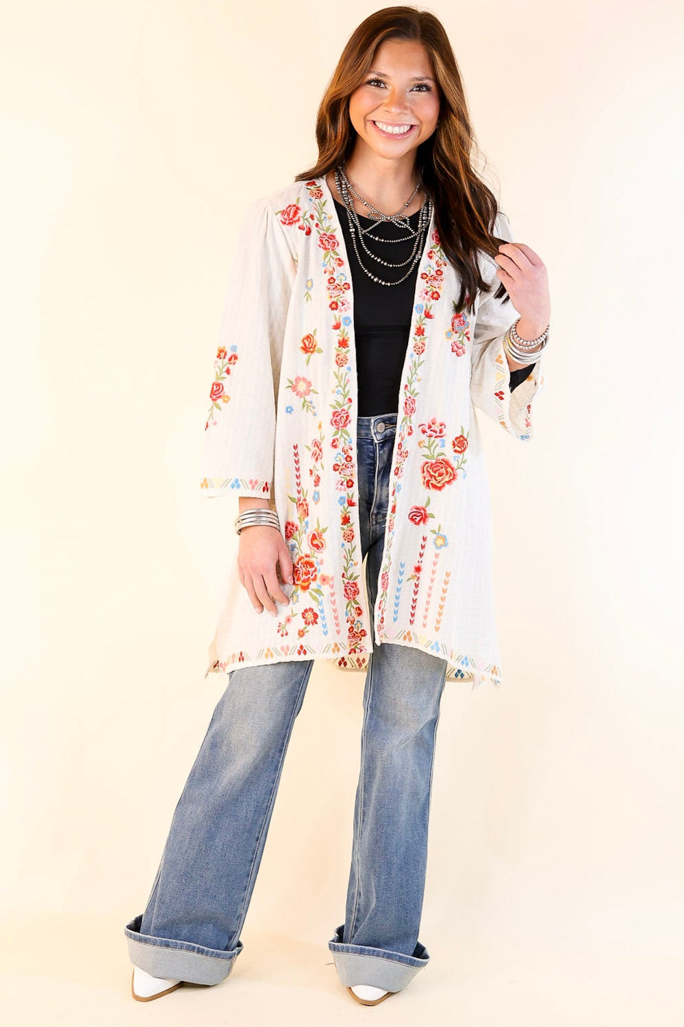 Enchanting Escapes Floral Embroidered 3/4 Sleeve Kimono in Ivory