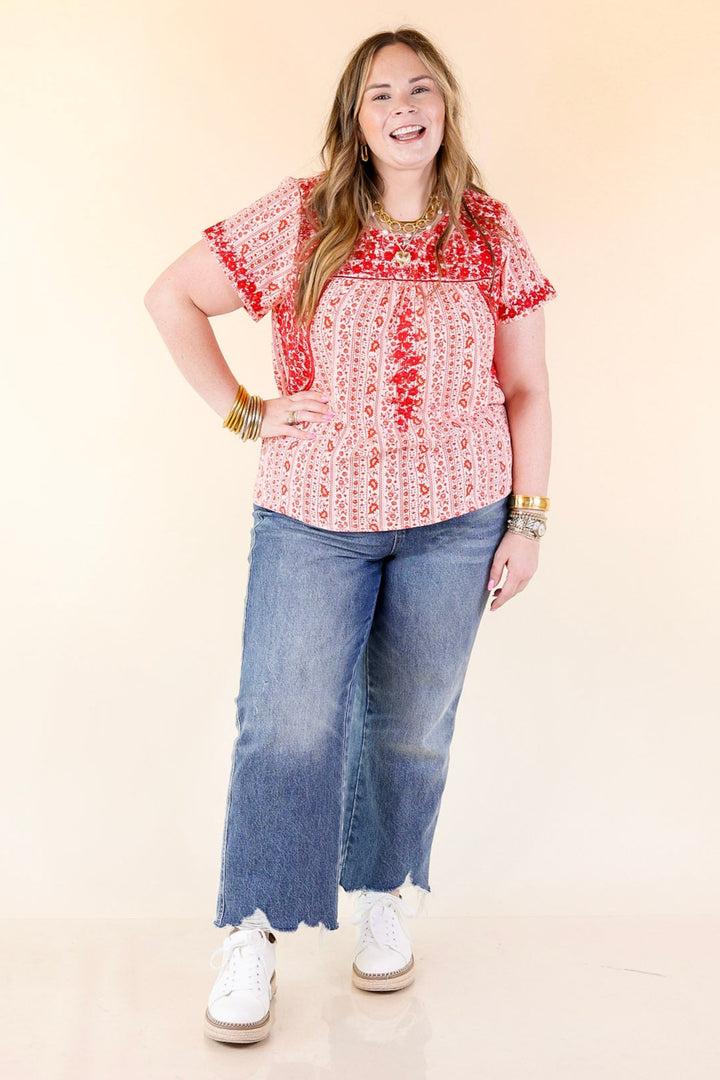 Sunny Day Floral Print Top with Red Floral Embroidery in Off White