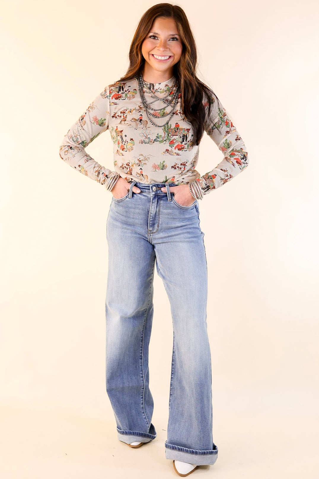 Western Dream Mesh Long Sleeve Top with Retro Western Print in Tan