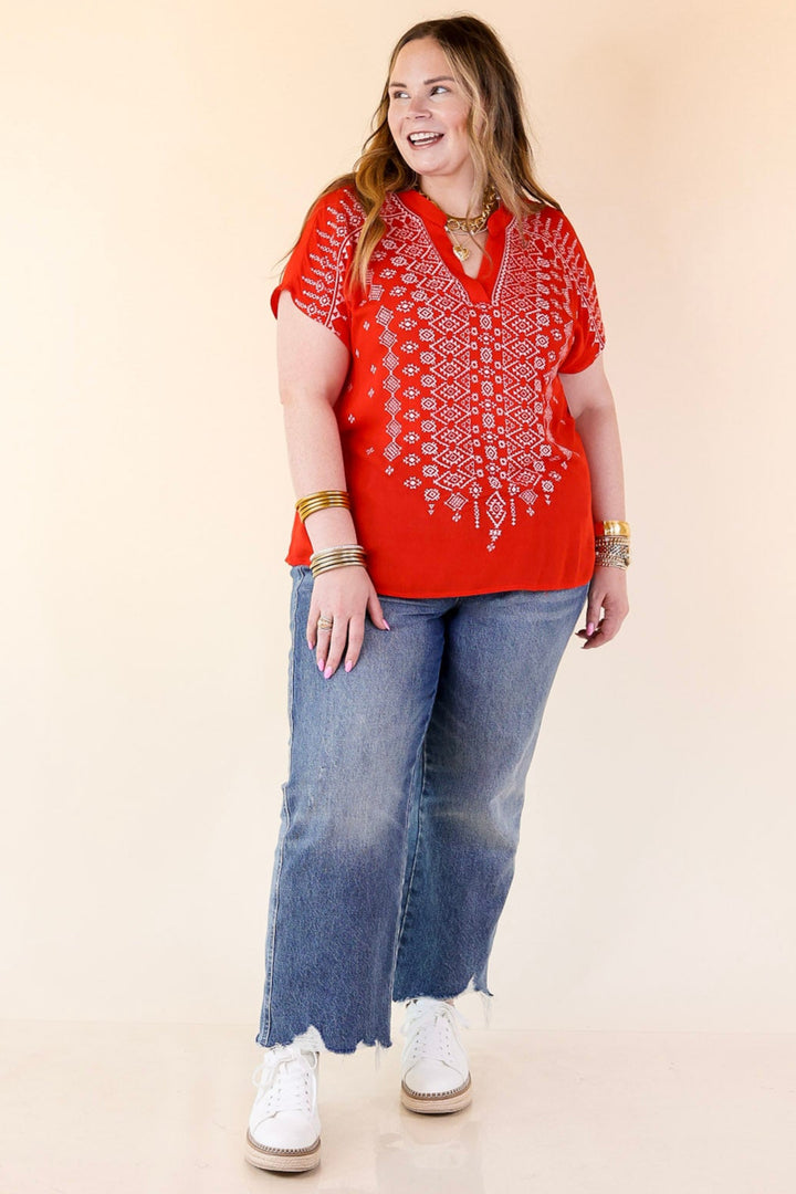 Fredericksburg Feeling Embroidered Short Sleeve Notched Neck Top in Red
