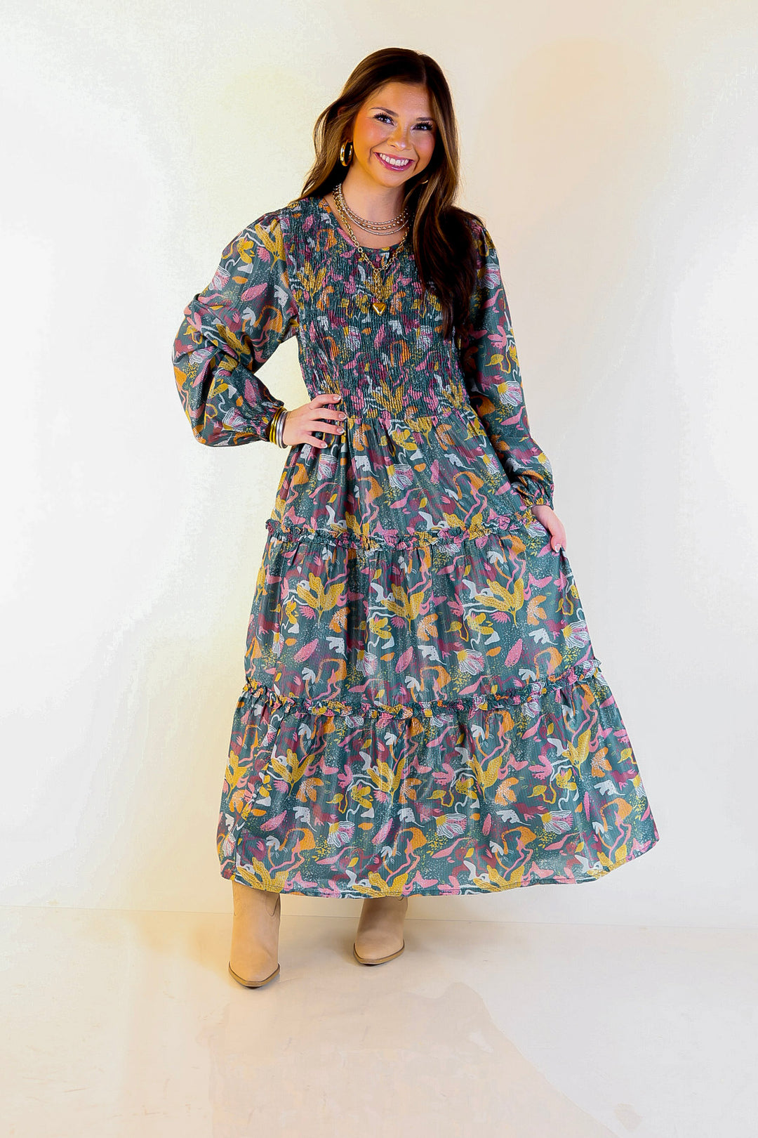 Mud Pie | Shaffer Smocked Bodice Long Sleeve Midi Dress with Tiered Skirt in Blue Mix