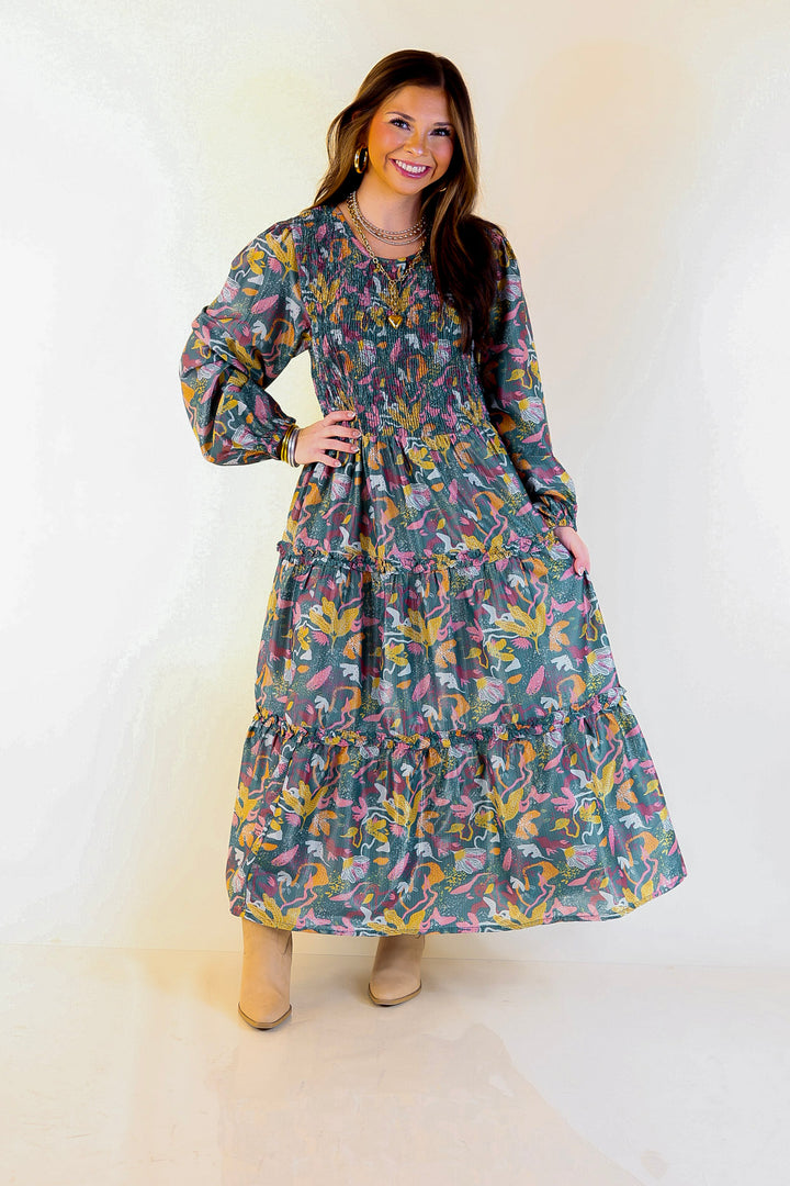 Mud Pie | Shaffer Smocked Bodice Long Sleeve Midi Dress with Tiered Skirt in Blue Mix