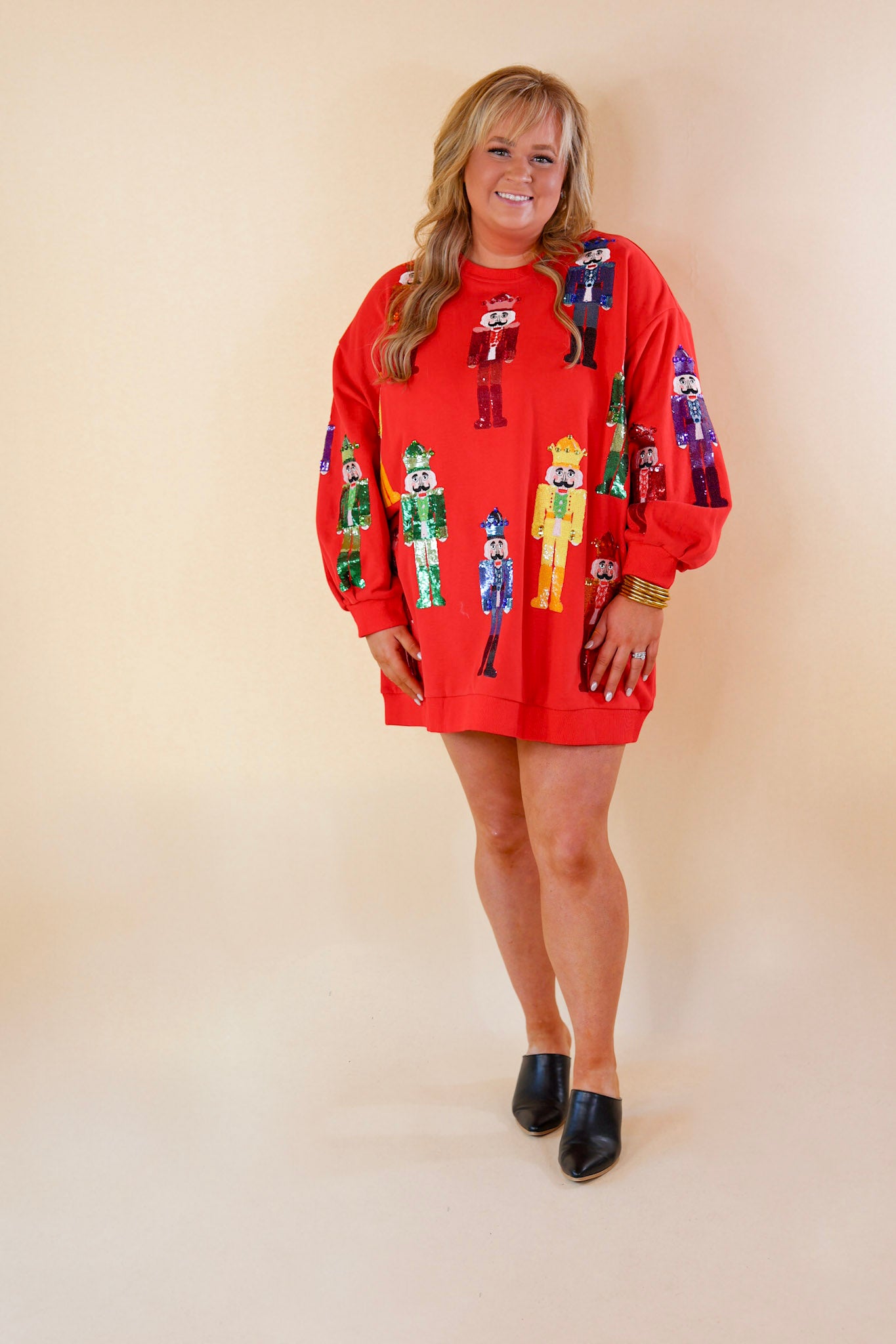 Last Chance Size Large Queen Of Sparkles Sequin Nutcracker Long Sleeve Graphic Sweatshirt Dress in Red