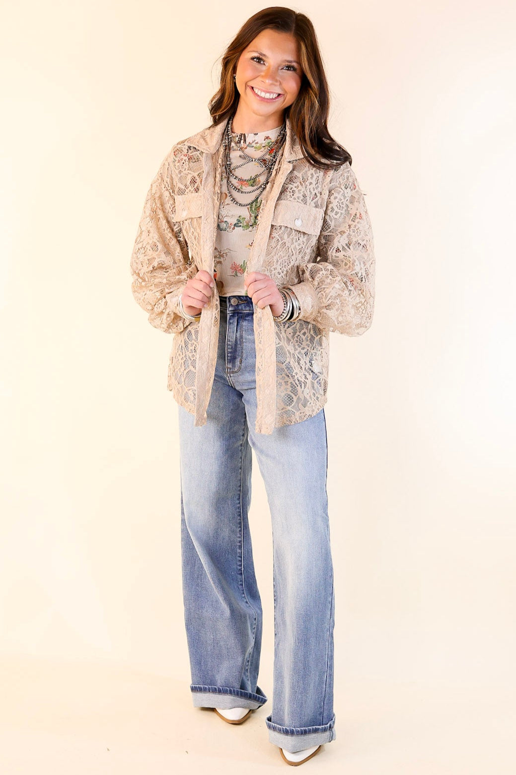 Sheer Chic Collared Button Up Lace Top in Taupe