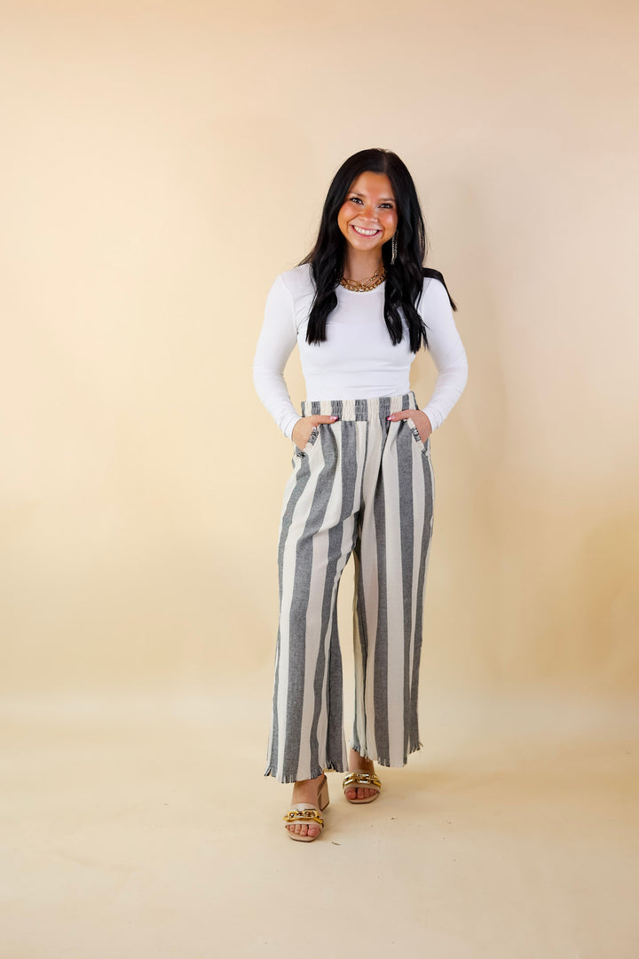 Right On Cue Elastic Waistband Striped Cropped Pants with Frayed Hem in Black - Giddy Up Glamour Boutique