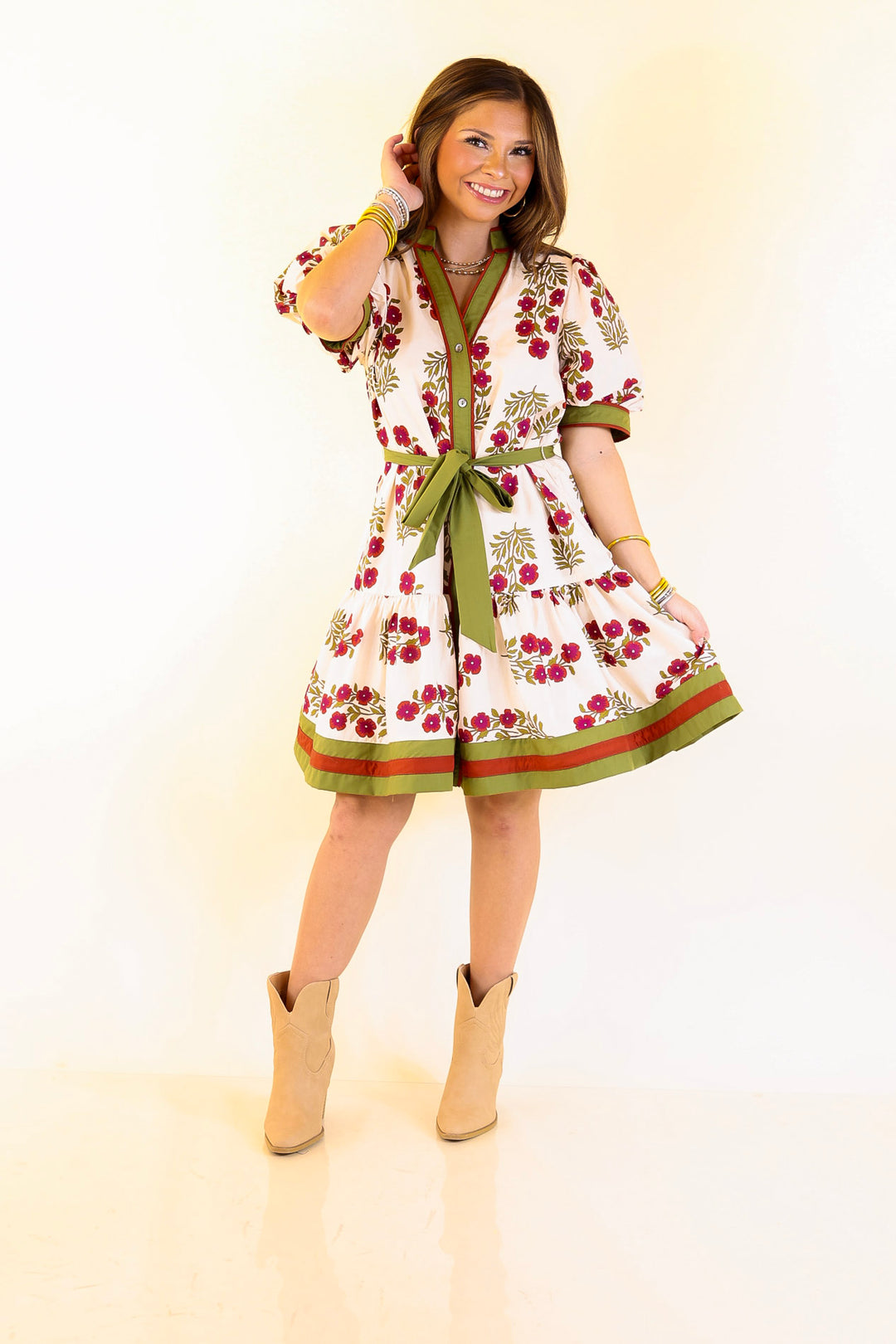 Garden Party Floral Dress with Dropped Skirt and Olive and Maroon Trim in Cream