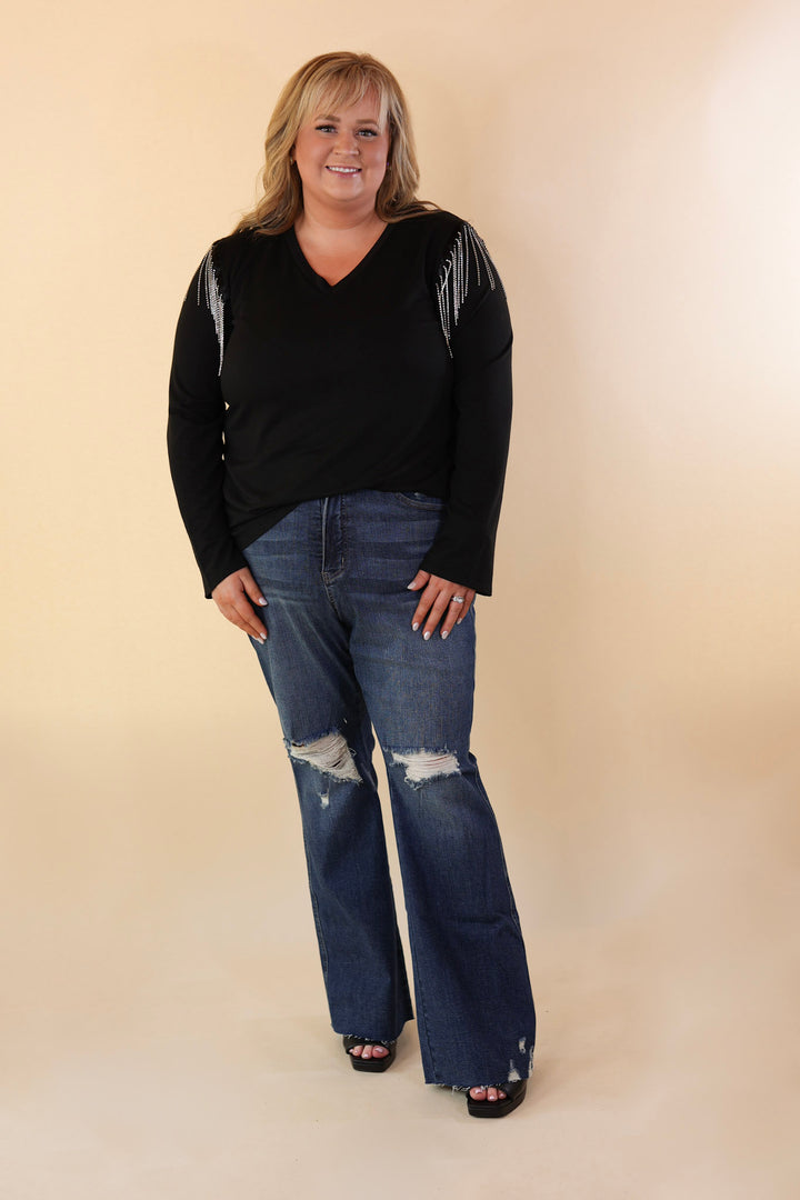 Party Dreams Long Sleeve V Neck Top with Crystal Fringe Shoulders in Black - Giddy Up Glamour Boutique