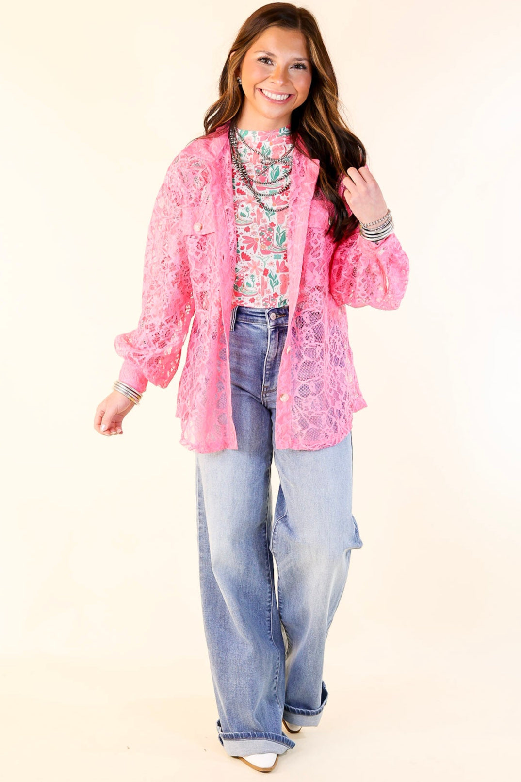 Sheer Chic Collared Button Up Lace Top in Pink Cosmos