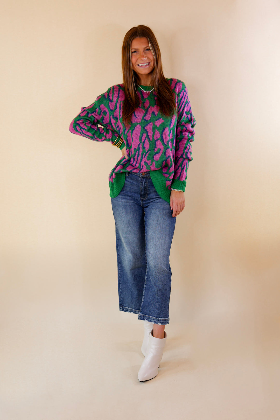 No Hesitation Animal Print Long Sleeve Sweater in Green and Purple - Giddy Up Glamour Boutique