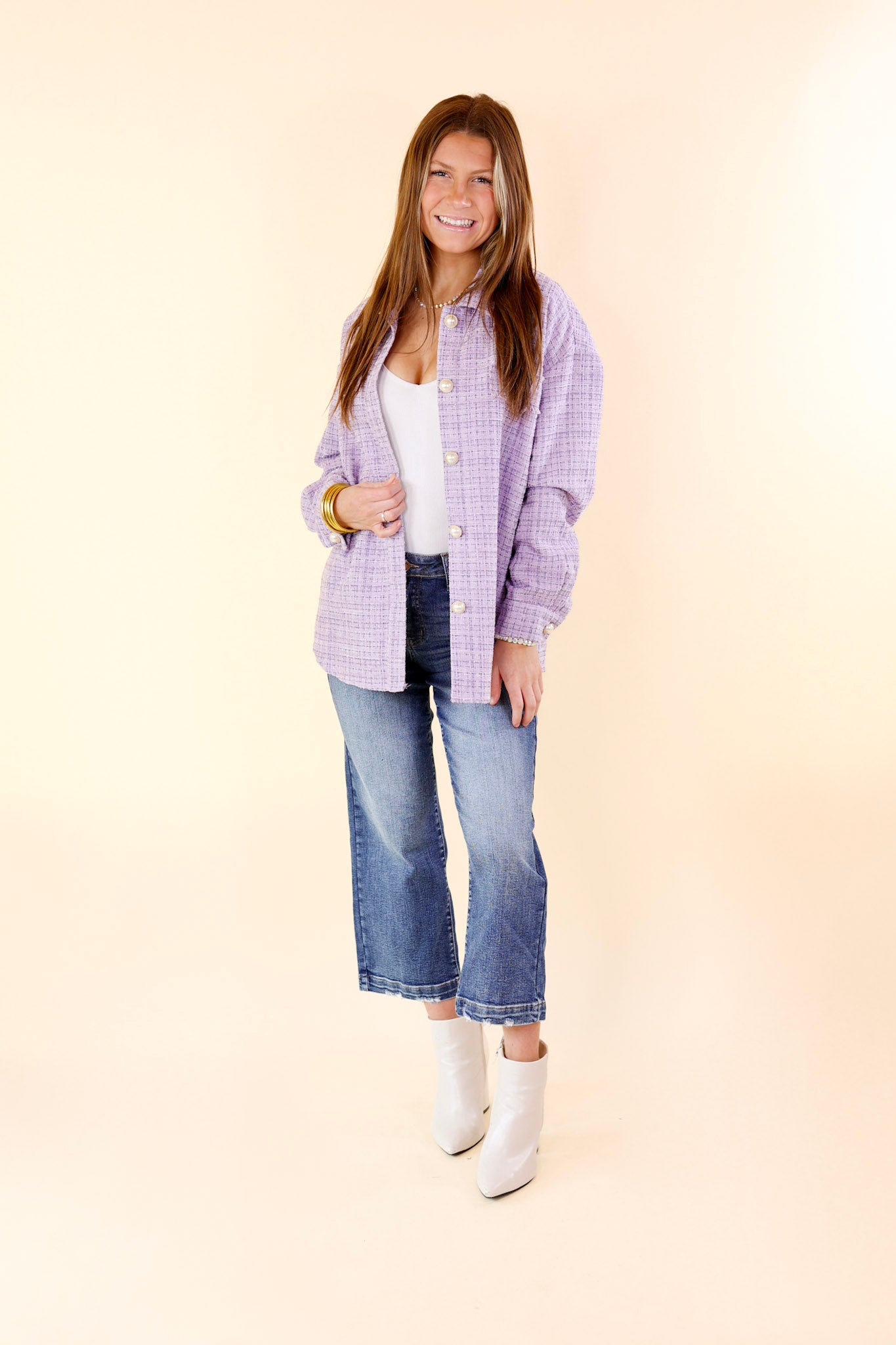 Brooklyn Buzz Pearl Button Up Tweed Shacket in Lavender Purple - Giddy Up Glamour Boutique