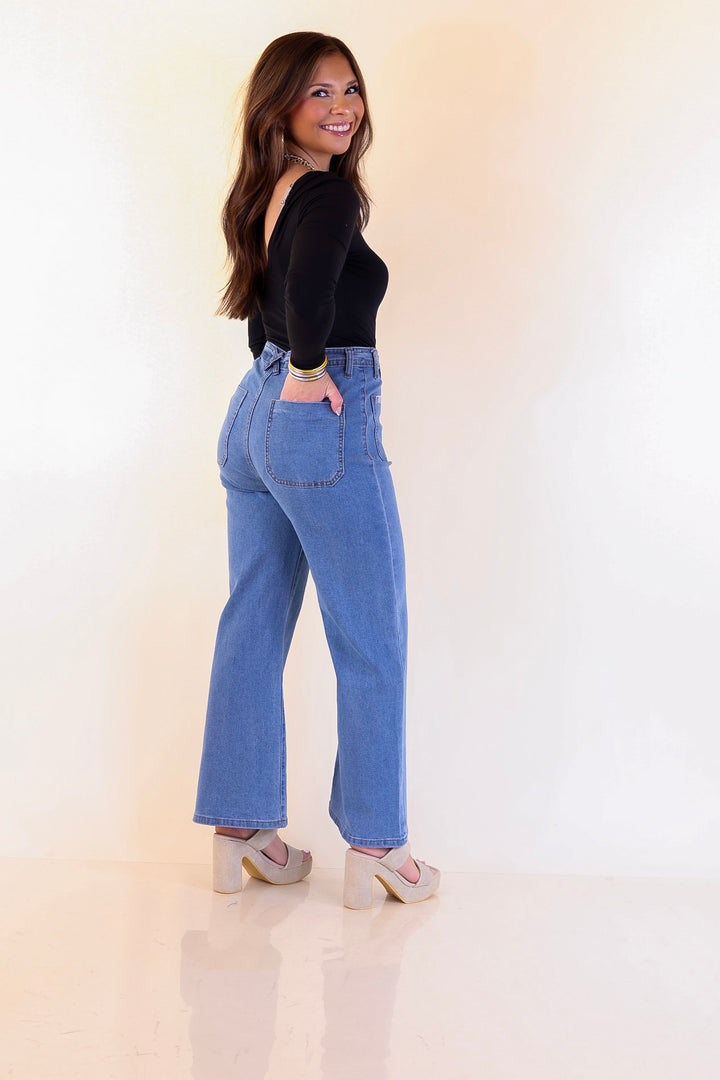 Patch Me In Denim Wide Leg Cropped Jean with Front Patch Pocket and Crochet Trim in Medium Wash