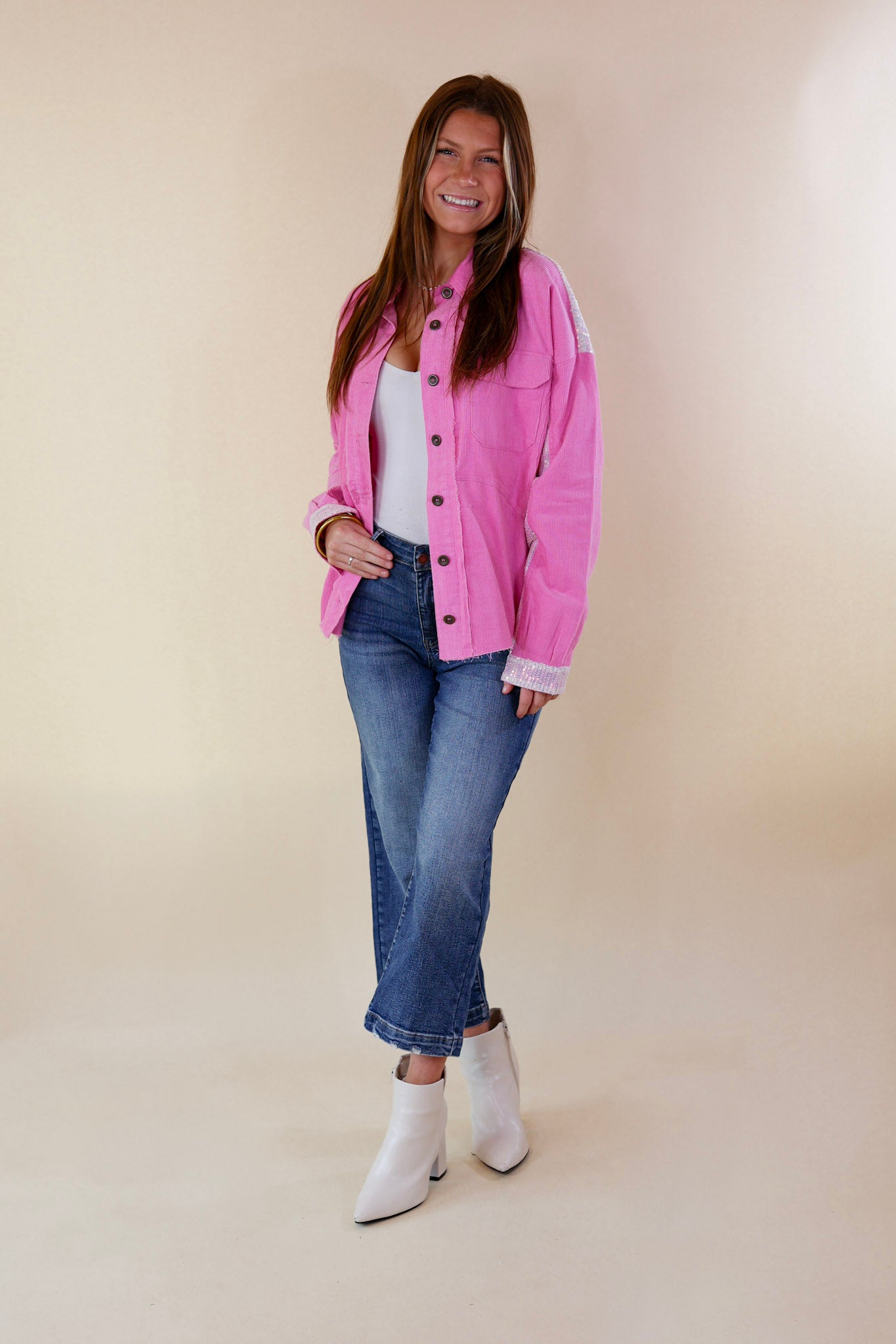 Chat With Me Sequin Detail Button Up Jacket in Pink - Giddy Up Glamour Boutique