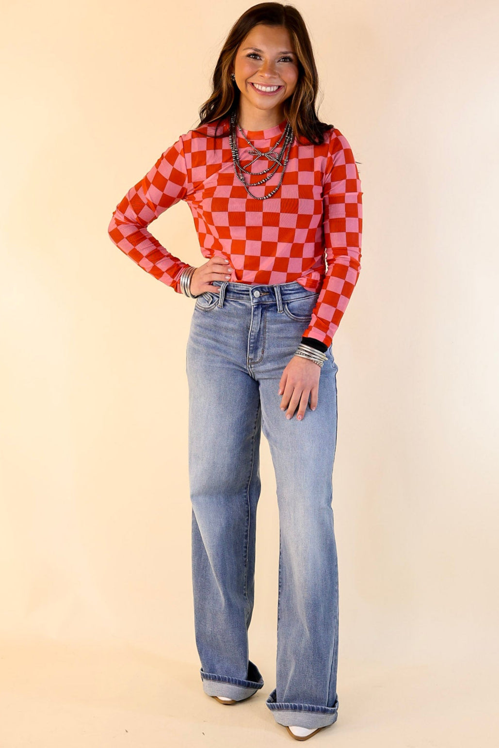 Western Dream Checkered Mesh Long Sleeve Top in Pink and Red