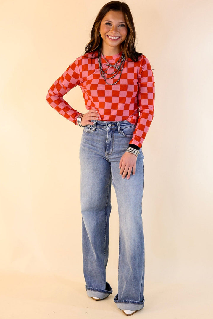 Western Dream Checkered Mesh Long Sleeve Top in Pink and Red