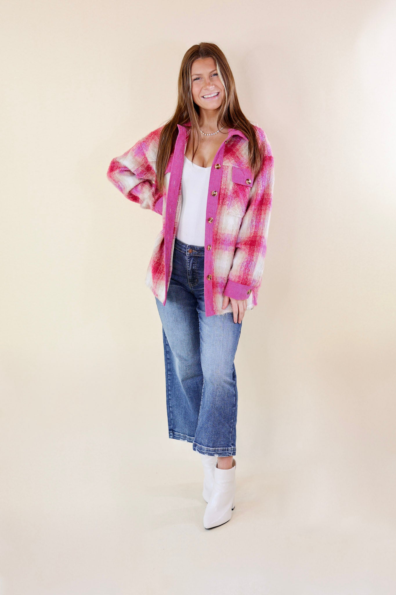 Mountain Retreat Plaid Fleece Jacket with Corduroy Trim in Pink - Giddy Up Glamour Boutique
