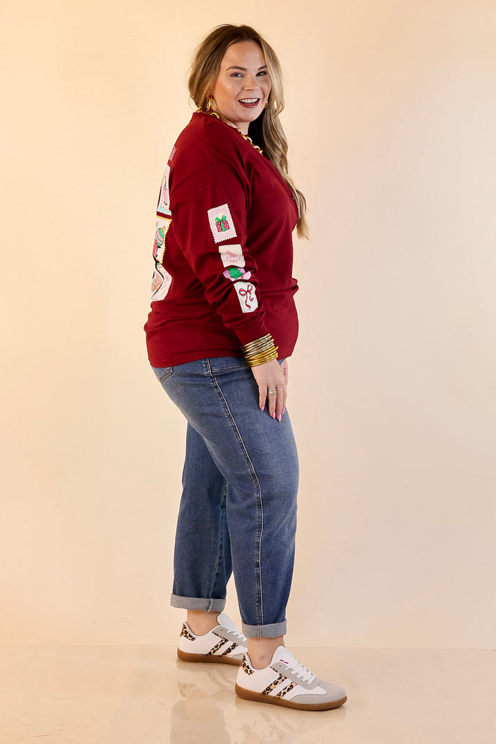Simply Southern | Merry Mail Holiday Stamps Long Sleeve Graphic T-Shirt in Maroon