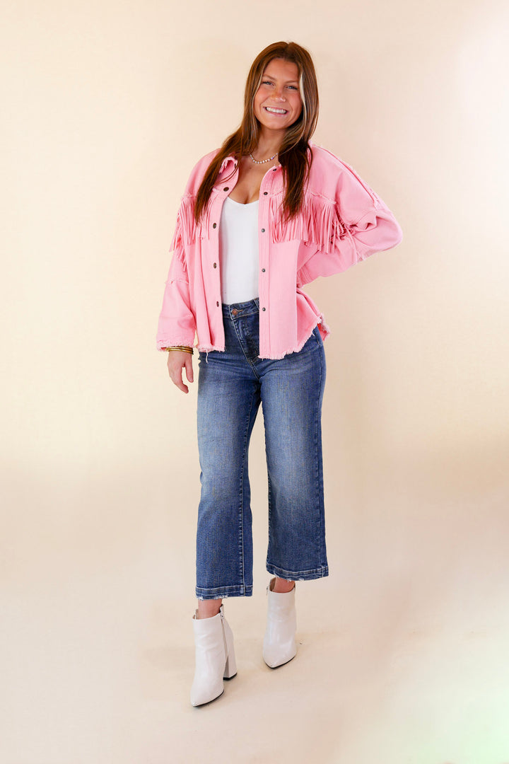 Not A Secret Fringe Button Up Jacket with Raw Hem in Electric Pink - Giddy Up Glamour Boutique
