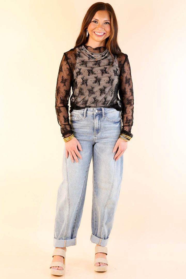 Delicate Charm Long Sleeve Sheer Lace Top with Mock Neck in Black
