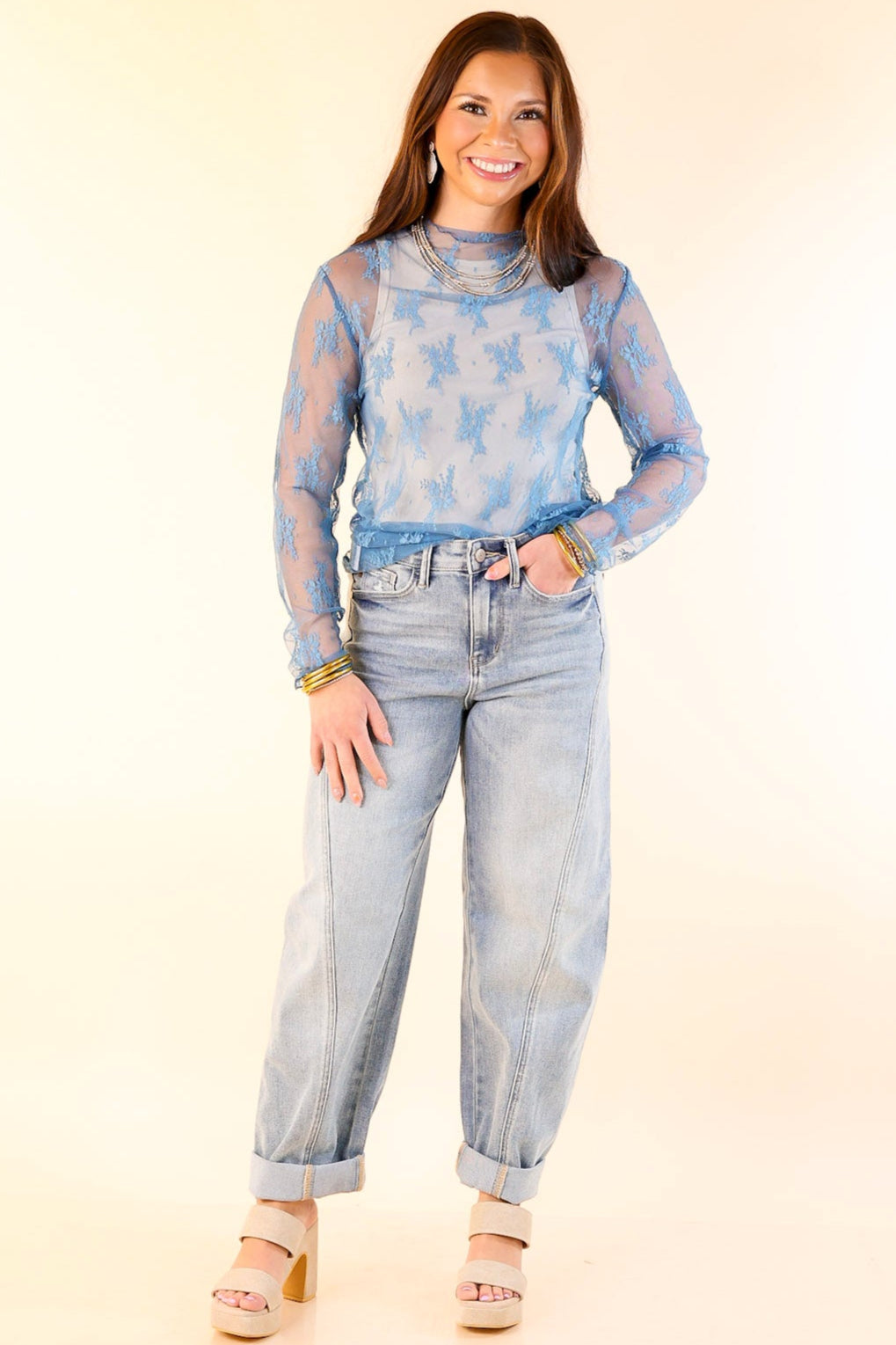 Delicate Charm Long Sleeve Sheer Lace Top with Mock Neck in Blue