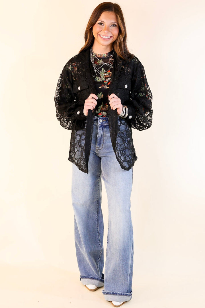 Sheer Chic Collared Button Up Lace Top in Black