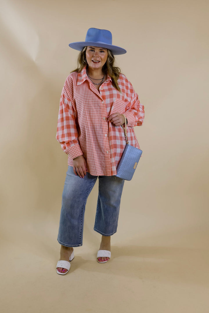 Waiting For You Mix Plaid Button Up Top in Coral Orange - Giddy Up Glamour Boutique