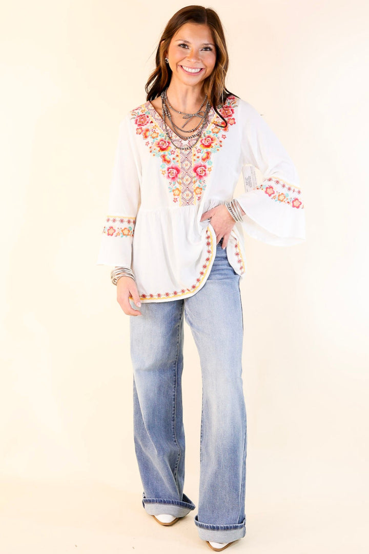Joyous Moments 3/4 Bell Sleeve Embroidered Babydoll Top in White