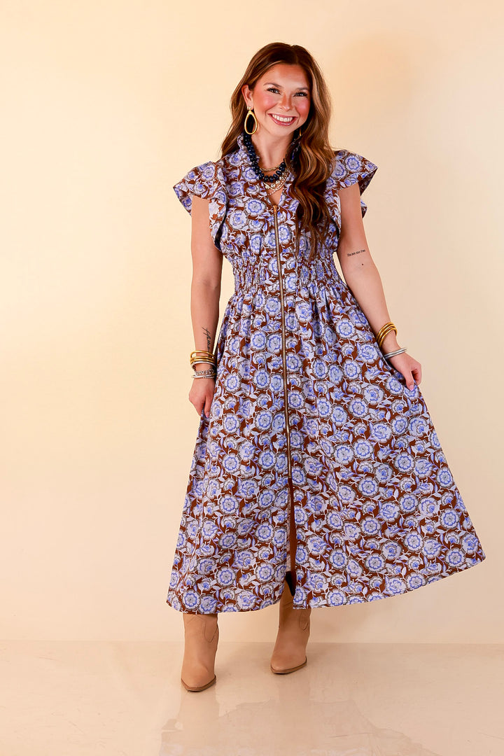 Modern Grace Zip Front Midi Floral Print Dress with Smocked Waist and Short Flutter Sleeves in Brown and Periwinkle Blue