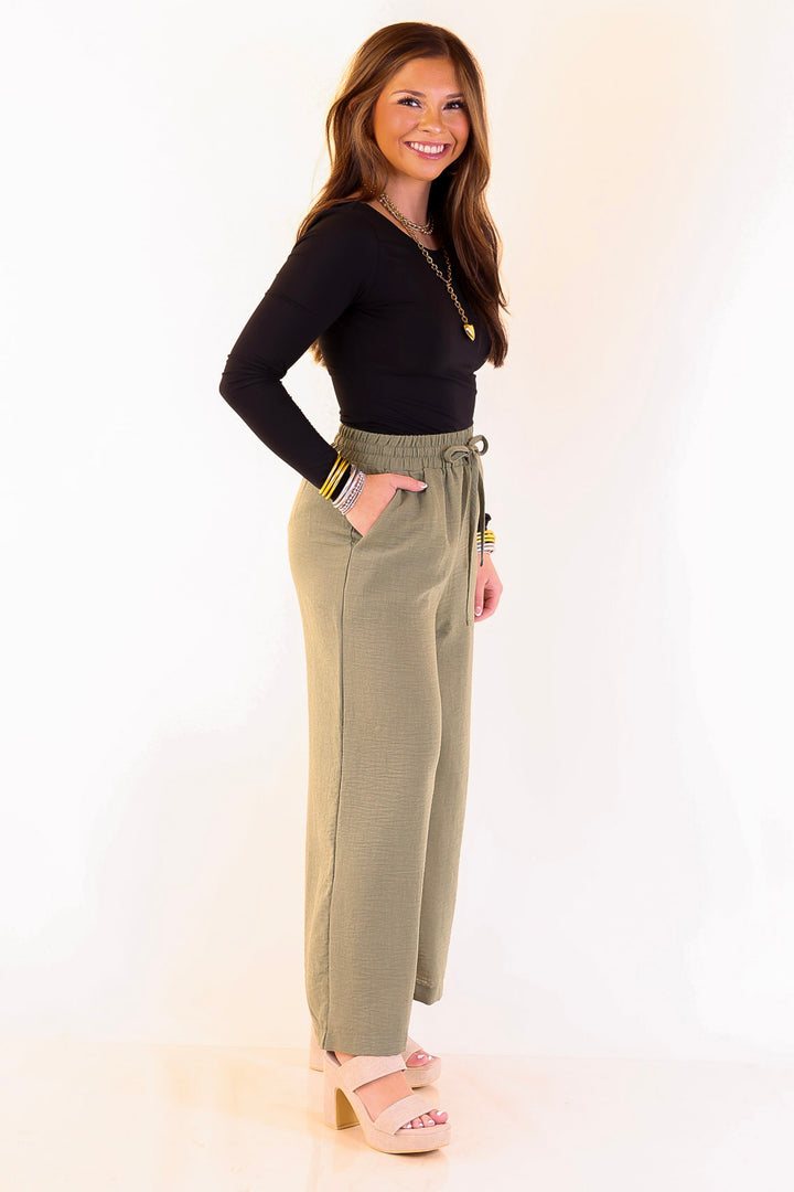 On Repeat Cropped Drawstring Woven Pants in Olive Green