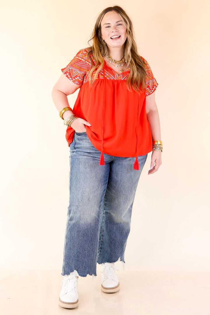 Forgotten Paradise Embroidered Top with Front Tie in Red