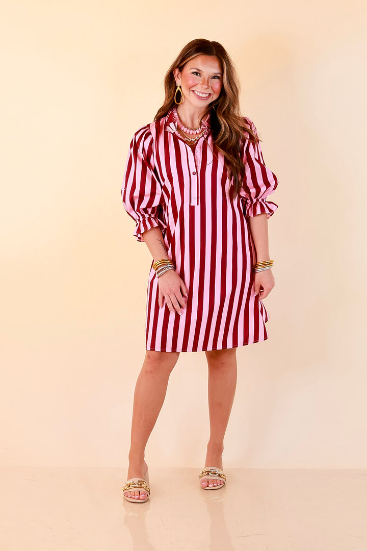 Talk of the Town Striped Ruffle Sleeve Babydoll Dress with Cinched Waist Feature in Maroon and Pink