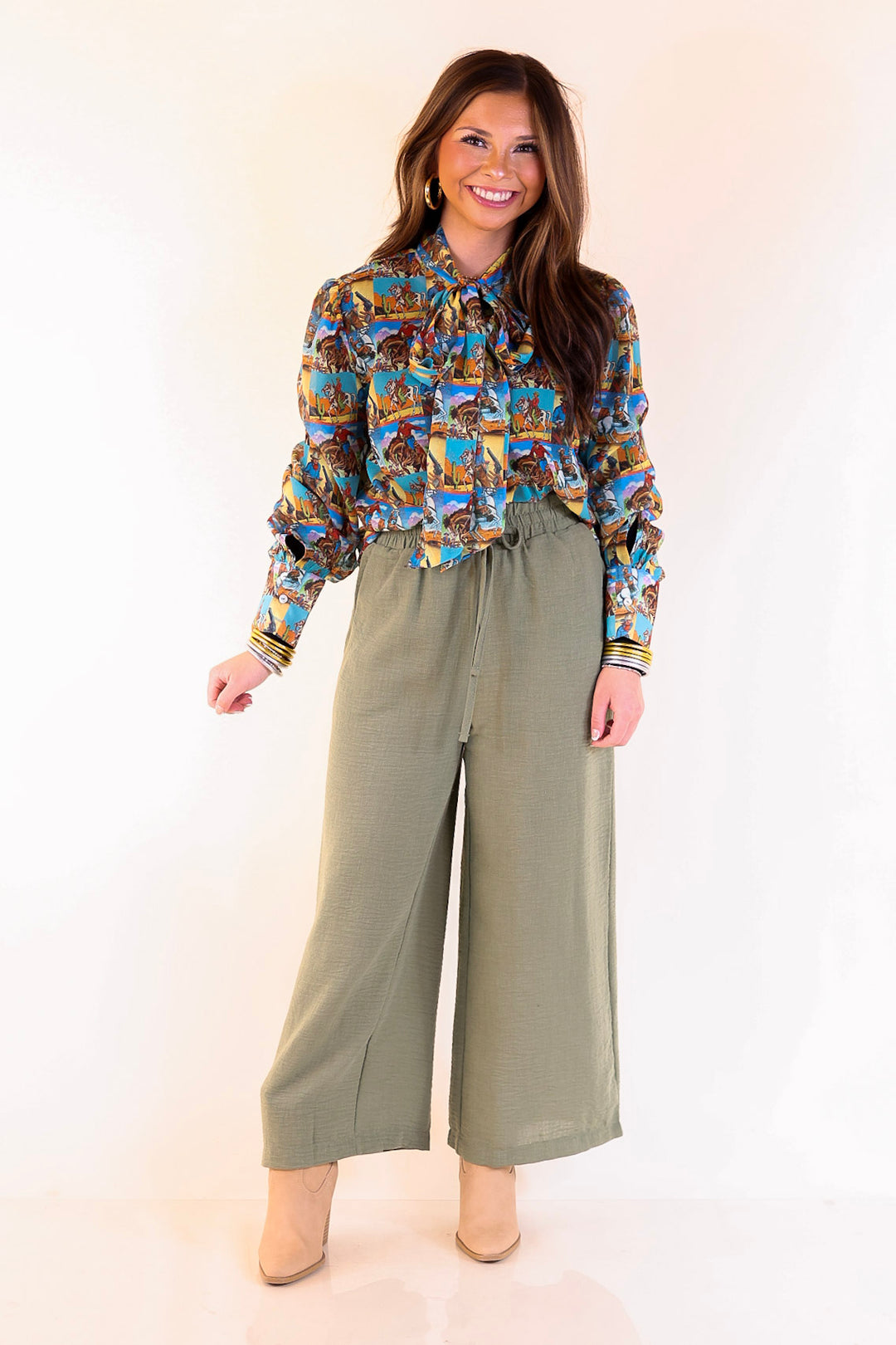 Wild at Heart Bowtie Button Up Collared Mesh Blouse Top with Cowboy Pop Art Print in Blue