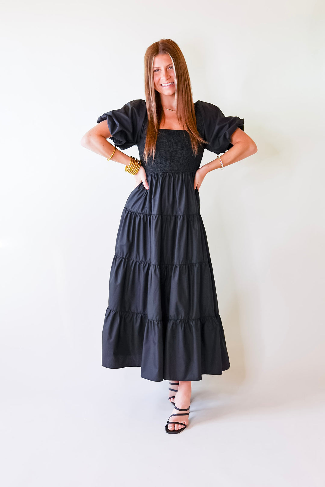 Santorini Sunshine Short Balloon Sleeve Maxi Dress in Black - Giddy Up Glamour Boutique