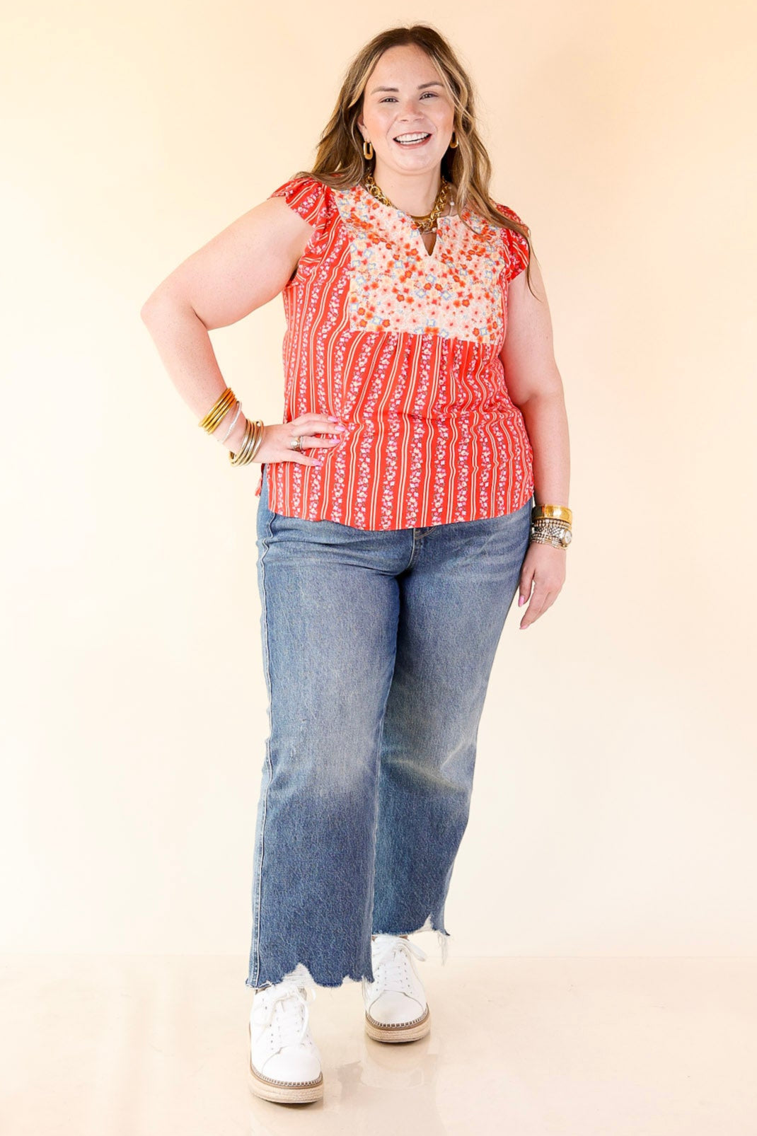 Sweet Reminder Floral and Stripe Print Top with Embroidered Yoke in Red