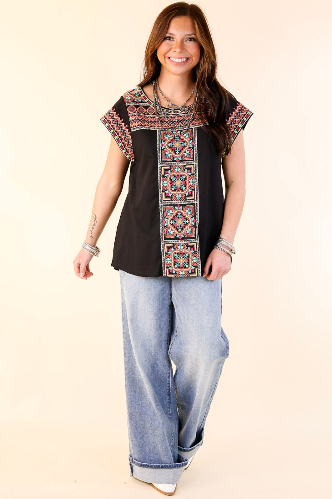 Take A Trip Multi Color Embroidered Cap Sleeve Top in Black