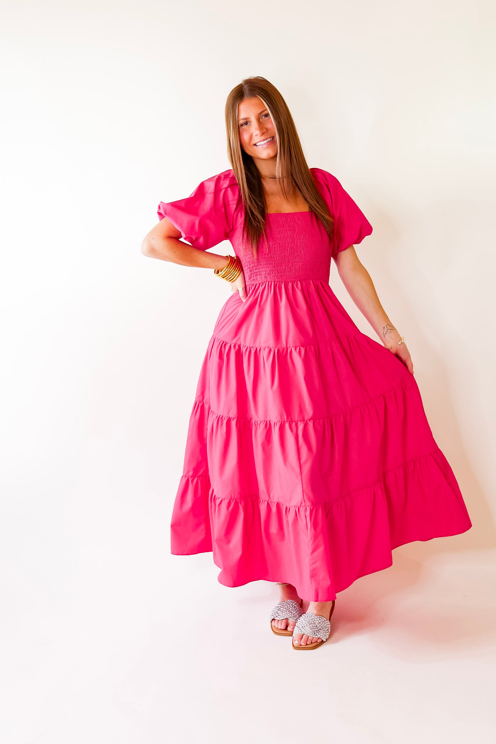 Santorini Sunshine Short Balloon Sleeve Maxi Dress in Fuschia Pink - Giddy Up Glamour Boutique