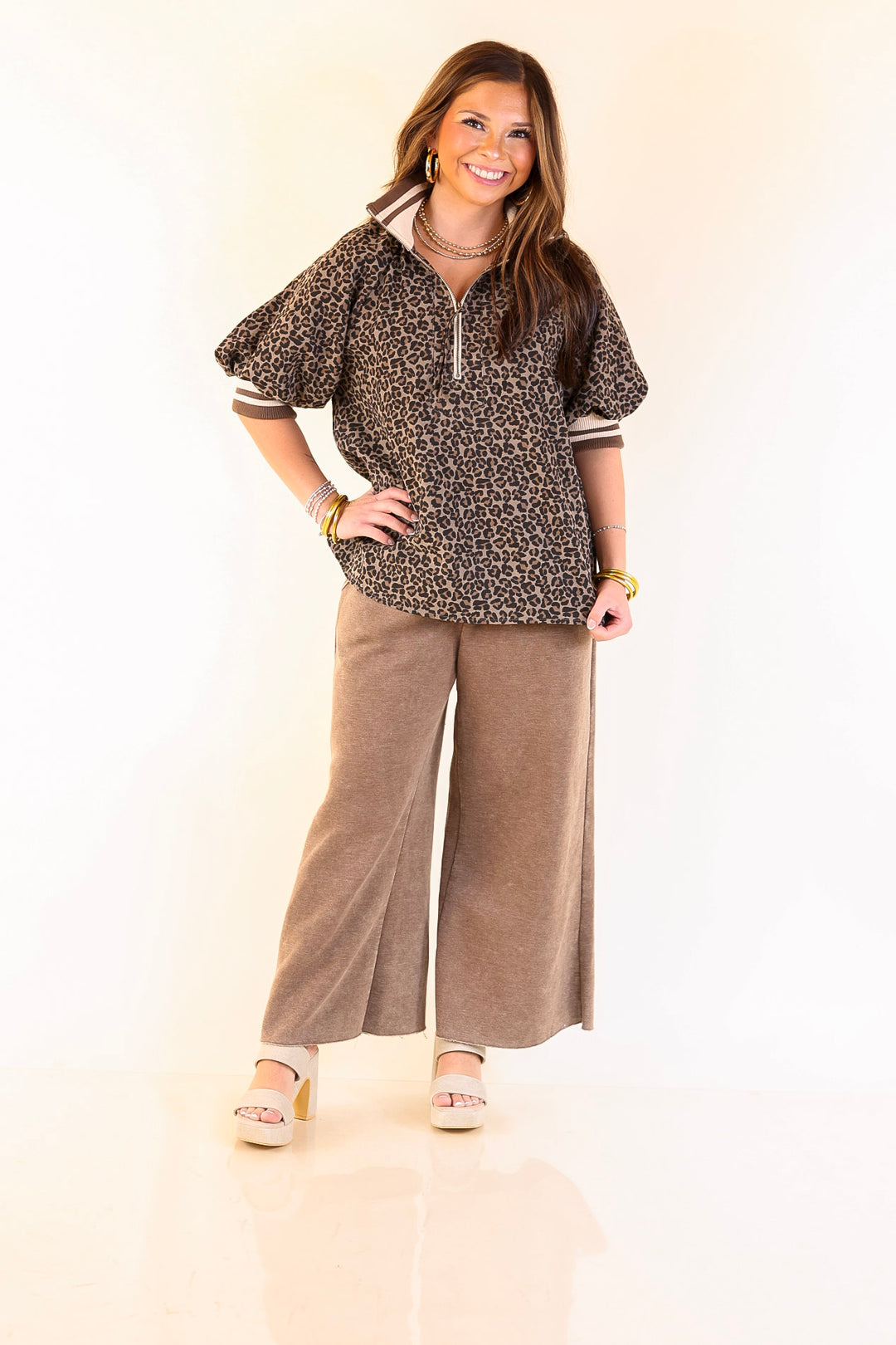 Bold Instincts Leopard Print Half Zip Top with Puff Sleeves in Brown and Cream