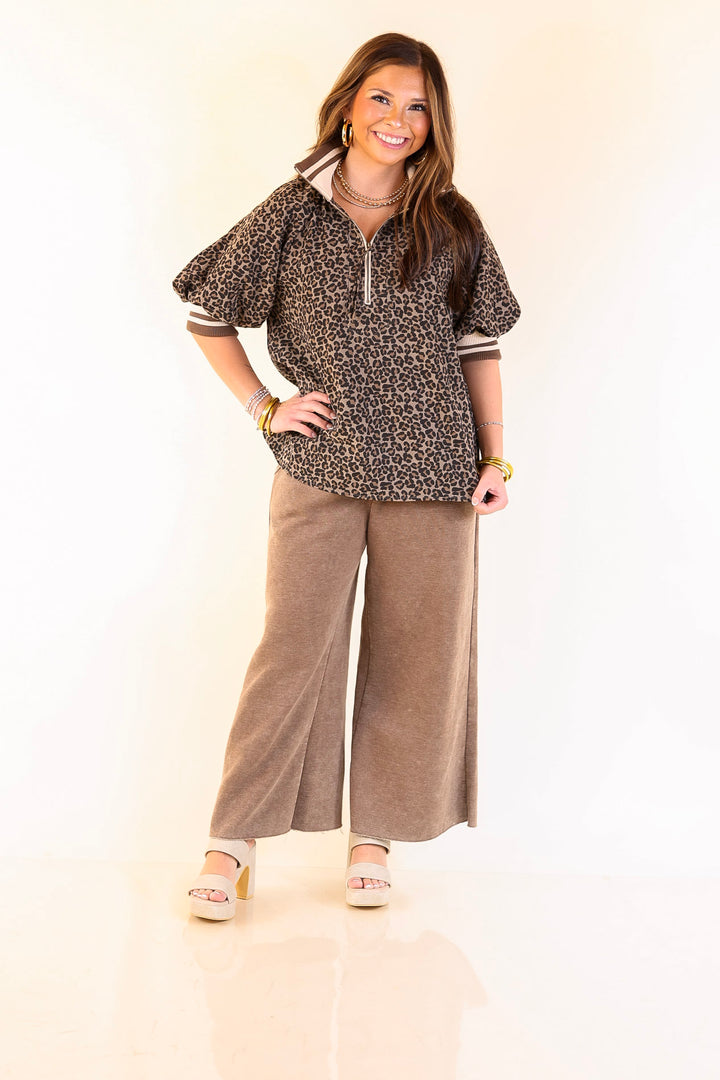 Bold Instincts Leopard Print Half Zip Top with Puff Sleeves in Brown and Cream
