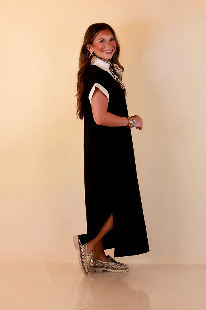 Park Avenue Solid Short Sleeve Knit Midi Dress with Ivory Trim in Black