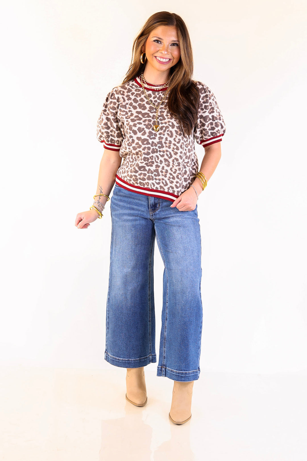 Feline Fine Leopard Print Short Sleeve Sweater with Contrast Trim in Maroon