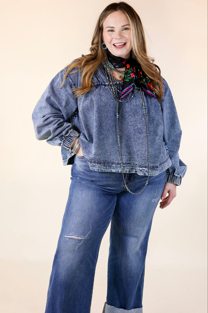 Western Soul Long Sleeve V Neck Denim Top in Medium Wash