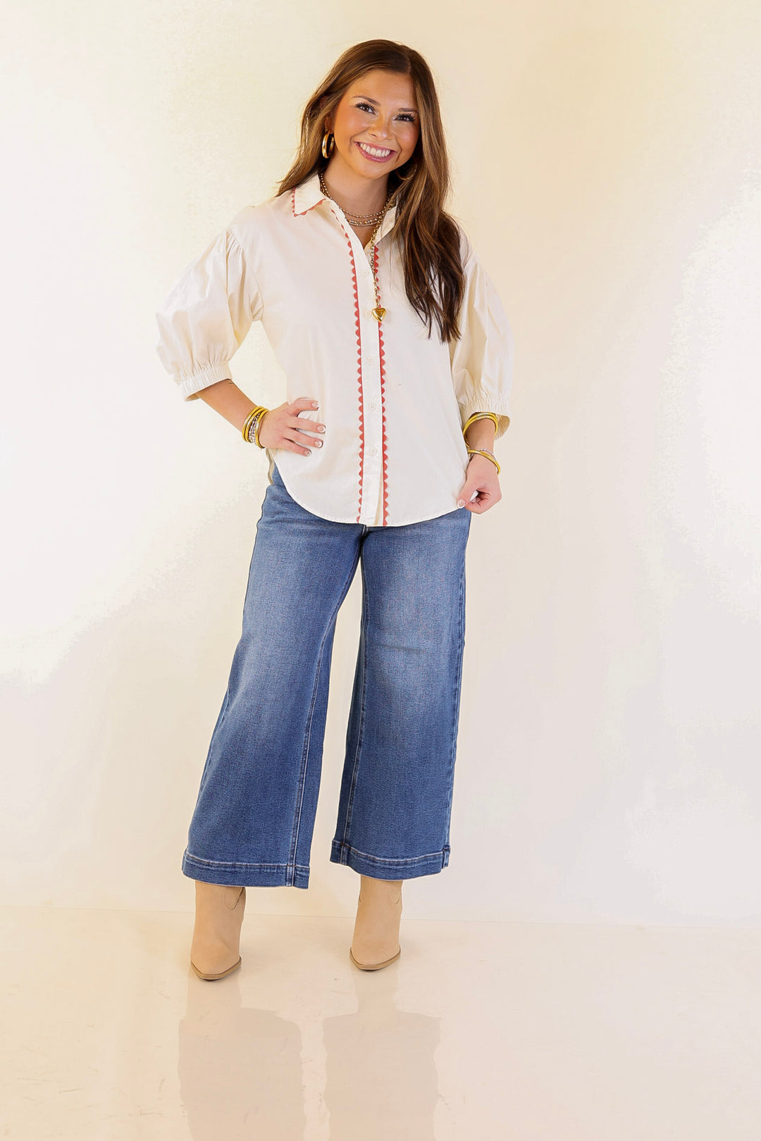 Ripple Effect Puff Sleeve Button-Up Top with Rick-Rack Trim Detailing in Cream