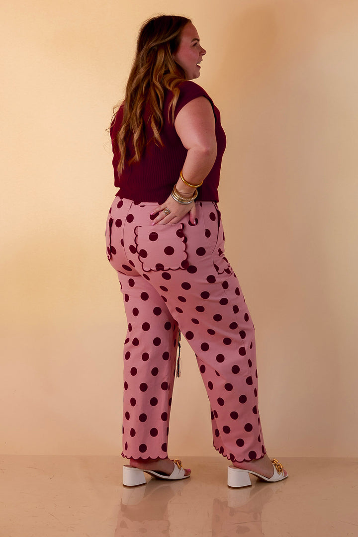 Polished Play Polka Dot Print Wide Leg Denim Pants with Scallop Detailing in Blush Pink and Maroon