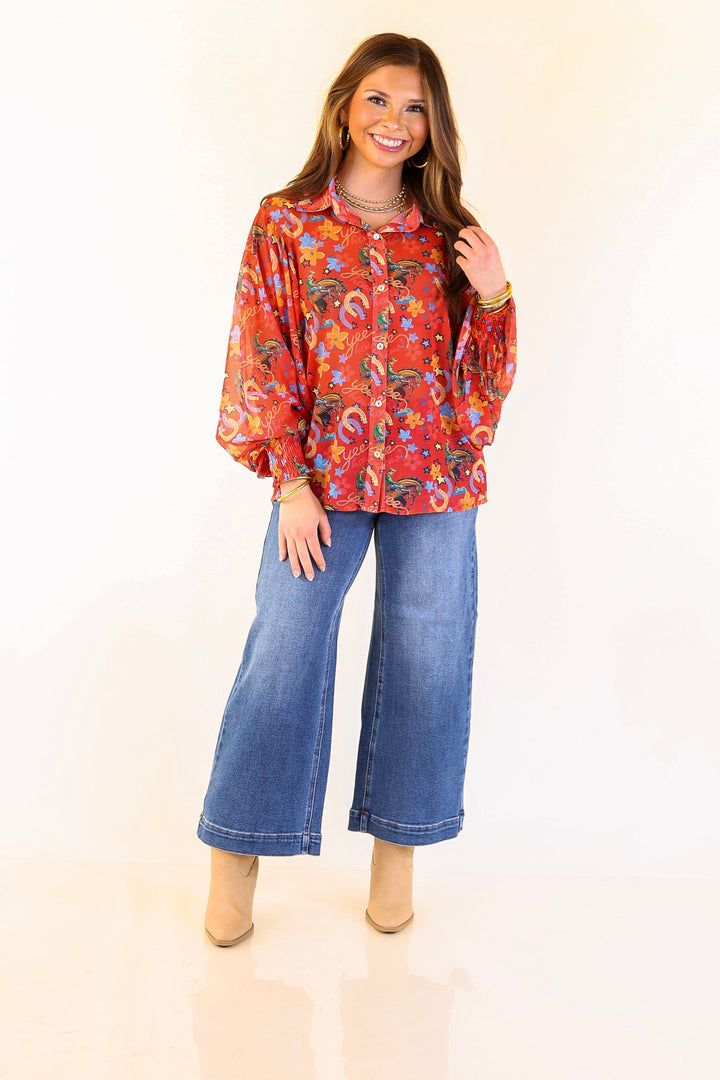 Winning Streak Button Up Collared Horseshoe Print Mesh Top with Long Balloon Sleeves in Red