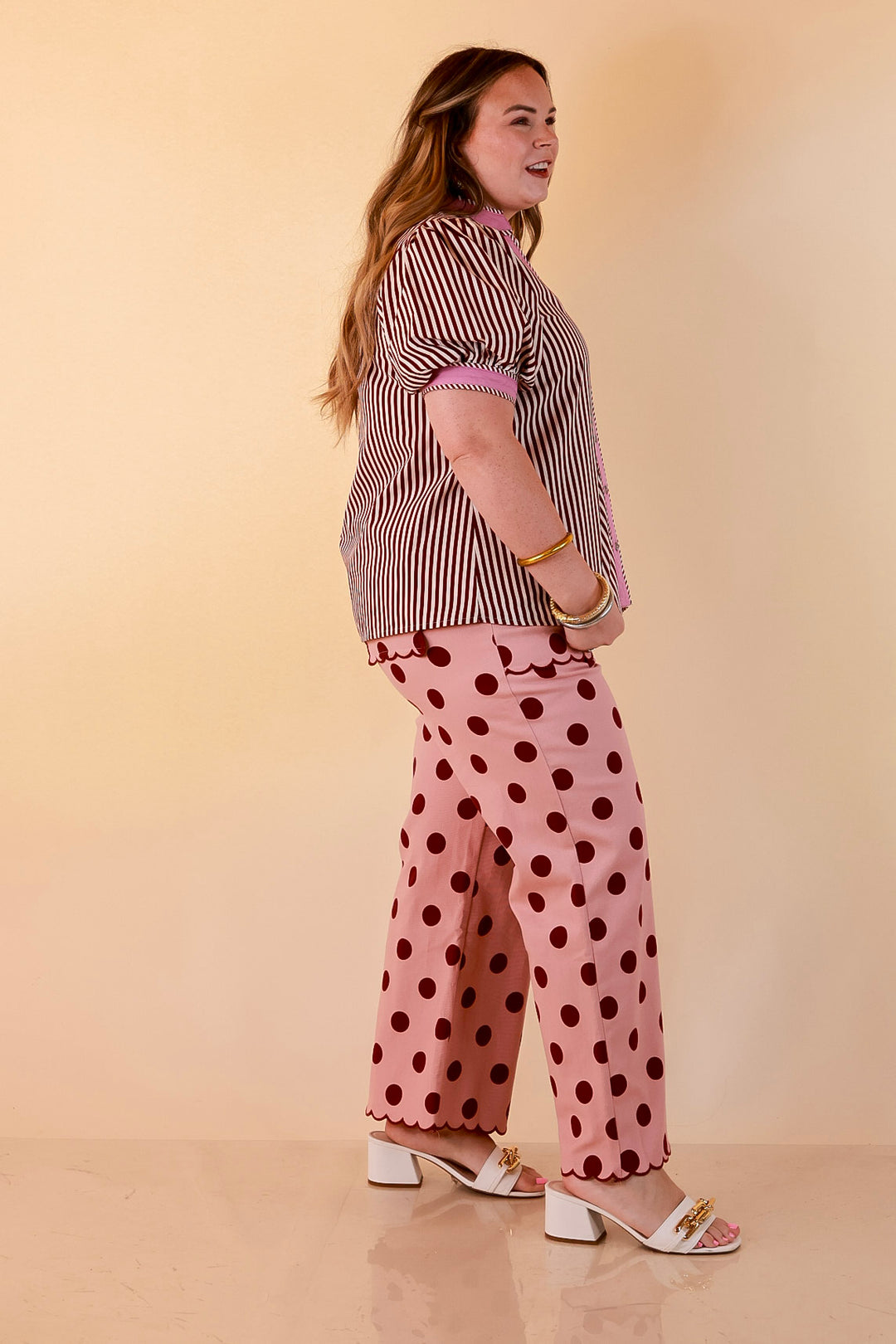 Pop of Polish Short Puff Sleeve Button Front Top with Contrast Trim in White, Maroon, and Pink