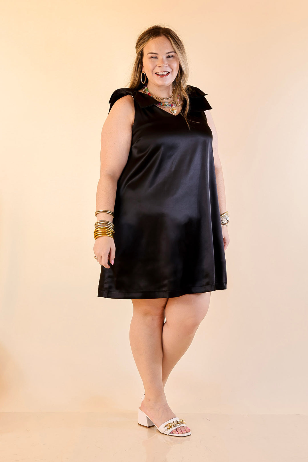 Satin Soirée V Neck Mini Dress with Bow Strap Detailing in Black