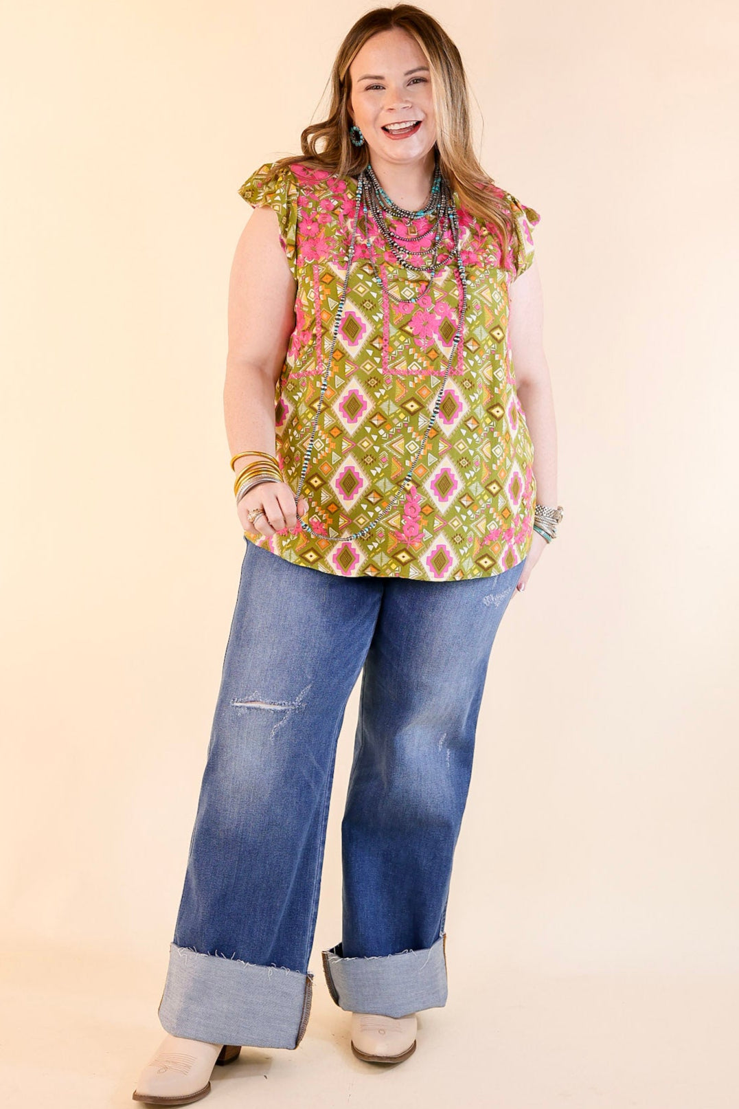 Sweet Serenade Aztec Print Top with Pink Floral Embroidery in Olive Green