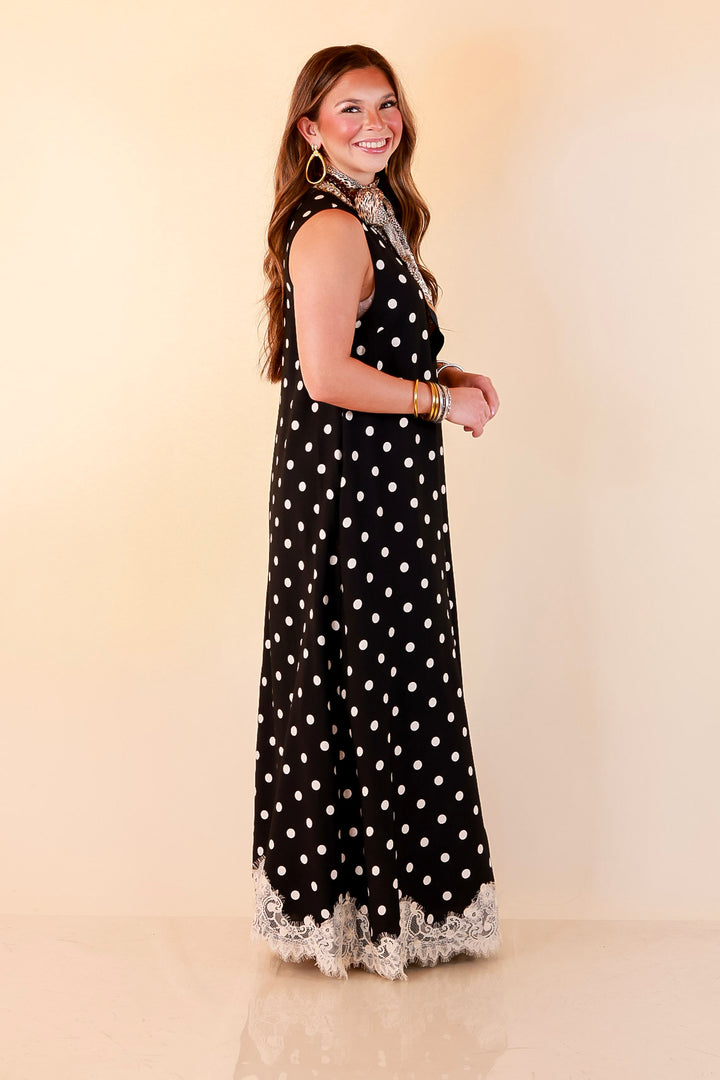 Sweet Little Something Polka Dot Sleeveless Maxi Dress with Lace Trim in Black