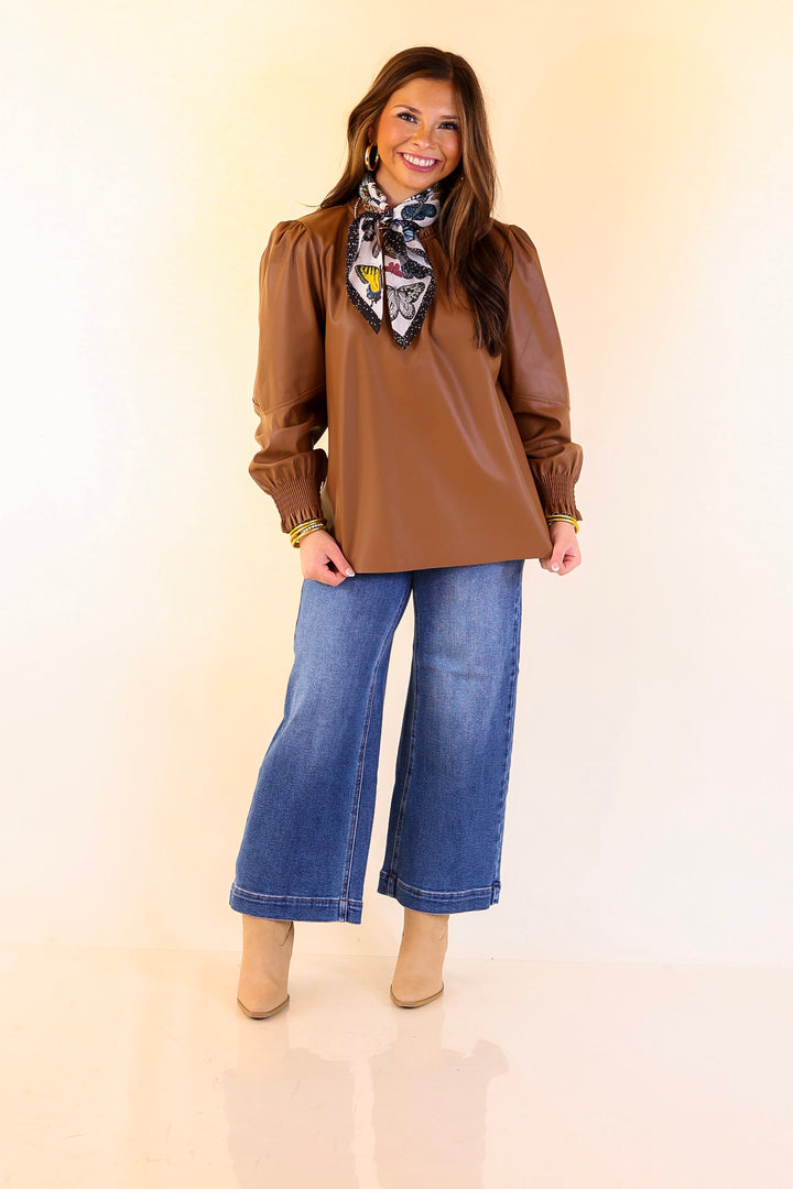 Mud Pie | Putnam Faux Leather Long Sleeve Top with Smocked Cuffs in Tan Brown