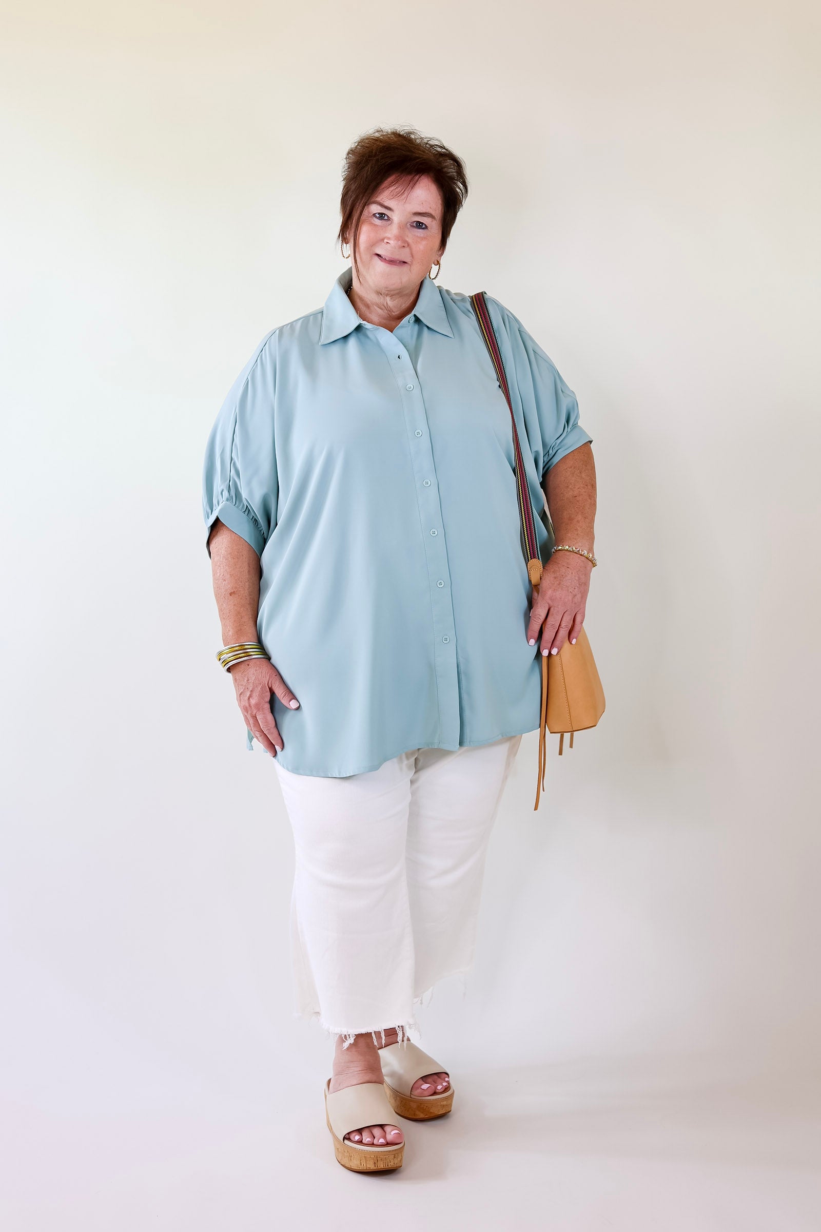 City Lifestyle Button Up Half Sleeve Poncho Top in Seafoam Blue - Giddy Up Glamour Boutique