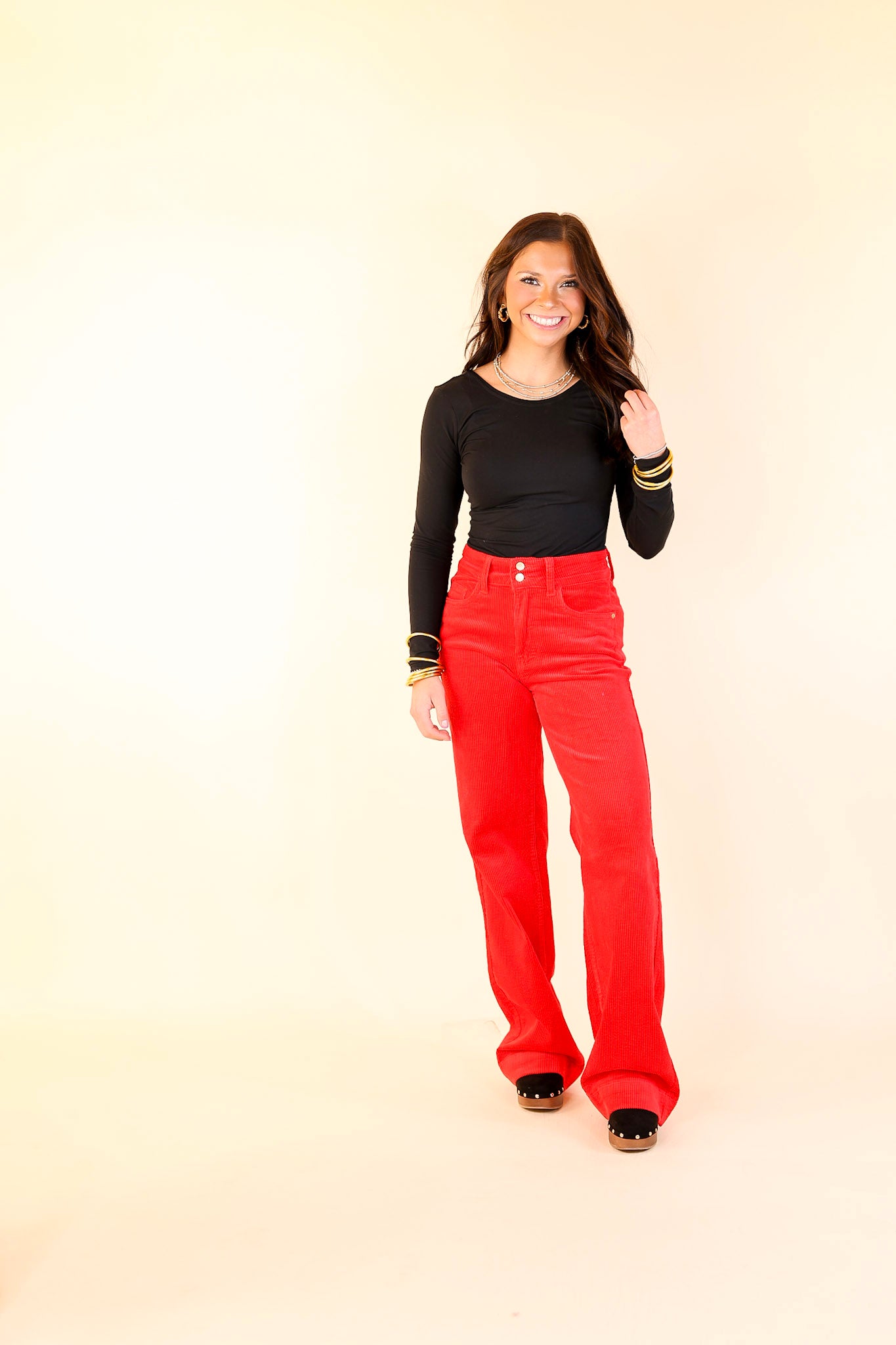 Judy Blue | Strut in Style High Waisted Wide Leg Corduroy Trouser in Ruby Red